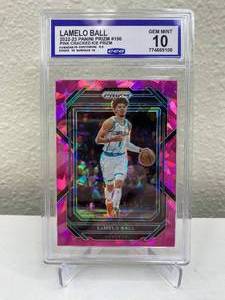 lot 14A image: 2022-23 Panini Prizm LaMelo Ball Pink Cracked Ice Prizm #150 Graded CCG Gem Mint 10 J