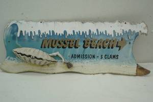lot 242 image: Mussel Beach wood sign 28 long by 10 wide
