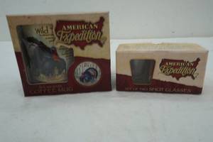 lot 252 image: American Expedition Stoneware Coffee Mug and Set of 2 shot glasses
