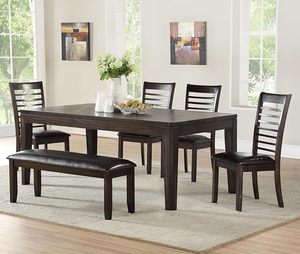 lot D-48B image: Steve Silver Furniture Ally 6pc Dining Table Set, 60-Inch Table with 18-Inch Extendable Leaf, 4 Upholstered Side Chairs with Bench, Contemporary Design, Dining Room, 42 L x 78 W x 31 H, Brown
