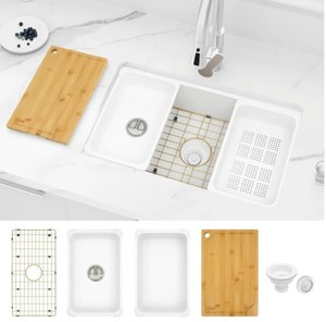 lot K-72 image: LQS undermount Kitchen Sink, 31 inches white kitchen sink, single bowl kitchen sink, large kitchen sink with accessories