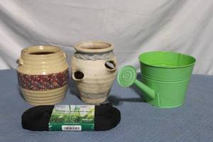 lot 20 image: Collection of 2 Decorative Pottery Vases and Green Watering Can