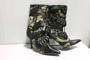 lot 33 image: Pair of Camo Stiletto Boot Heels with Buckle and Studded Detail
