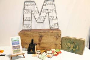lot 143 image: Vintage Collectibles Lot Wire Letter M, Souvenir Matchbook Set, and Floral Tin Box