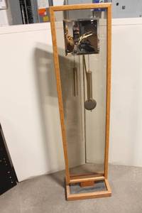lot 171 image: Tall Modern Floor Pendulum Clock with Oak Frame