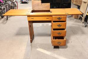 lot 184 image: Vintage Wood Sewing Table with Fold-Out Panels and Drawers