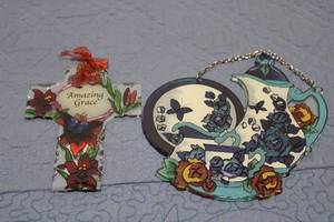 lot 242 image: Decorative Stained Glass Ornaments - Cross and Teapot Design