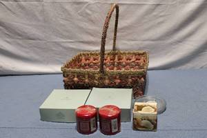 lot 248 image: Set of Various Scented Candles with Glass Holders and Wicker Basket