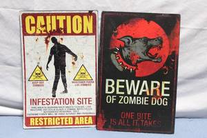 lot 428 image: Set of 2 Humorous Zombie Warning Metal Signs