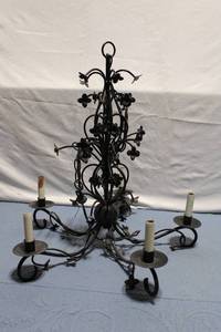 lot 460 image: Vintage Wrought Iron Floral Chandelier with Candle Holders