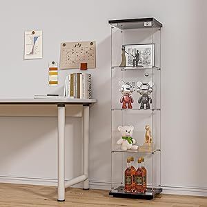 lot L-17 image: FANYUSHOW Glass Display Cabinet with Door and Lock, Quick-Install Style 4-Shelf Curio Cabinet 5mm Tempered Glass Floor Standing Bookshelf for Living Room, Bedroom, 65 H x 17L x 14W (Black)