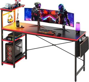 lot O-29A image: Bestier 61 Inch Gaming Desk with LED Lights, Reversible Shelves, Height Adjustable Shelf, Steel Frame