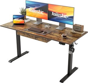 lot O-59 image: Agilestic Adjustable Height Electric Standing Desk with Storage Wooden Drawer, 55 x 24 Inches Stand Up Home Office Computer Gaming Table for Work Office Home, Rustic Brown