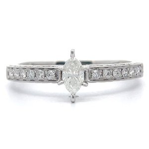 lot 32 image: NEW 0.50 Carat Natural Diamond Marquise Center Channel Ring in 14k White Gold $1,799 Retail