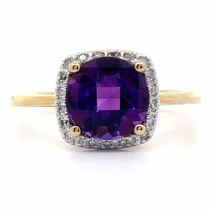 lot 50 image: NEW Amethyst Pav Diamond Halo Basket Cathedral Ring in Yellow Gold VIDEO