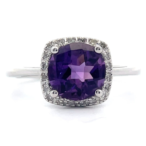 lot 52 image: NEW Cushion Checkerboard Amethyst & PavDiamond Basket Halo Ring in White Gold VIDEO
