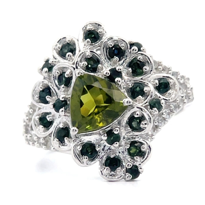 lot 57 image: NEW Triangular Moldavite & Green TourmalineSplit Shank Ring VIDEO