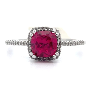 lot 59 image: Created Ruby & PavNatural Diamond Halo Basket Cathedral Ring in White Gold VIDEO
