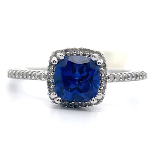 lot 61 image: NEW Created Blue Sapphire & PavNatural Diamond Halo Cathedral Ring in White Gold VIDEO