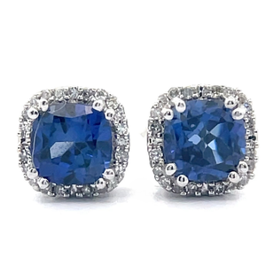 lot 62 image: NEW Created Blue Sapphire & Natural Diamond Cushion Stud Earrings in White Gold VIDEO