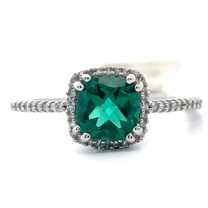lot 63 image: NEW Created Emerald & Natural Diamond Halo Cathedral Ring in White Gold VIDEO