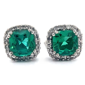 lot 64 image: Created Emerald & Natural Diamond Halo Stud Earrings in White Gold VIDEO