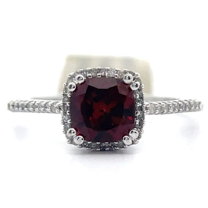 lot 65 image: Garnet & NaturalDiamond Halo Basket Cathedral Ring in White Gold VIDEO