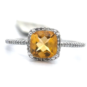 lot 67 image: Cushion Citrine & Natural Diamond Halo Cathedral Ring in White Gold VIDEO