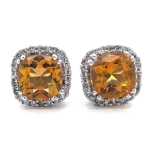 lot 68 image: Citrine & Natural Diamond PavCushion Halo Stud Earrings in White Gold VIDEO