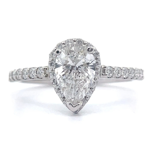 lot 17B image: 1.49 Carat Pear Diamond Halo Ring in 14k White Gold w IGI Report $3,250 Retail VIDEO