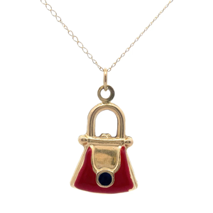 lot 75B image: Red Enamel Purse Pendant Necklace 14k Yellow Gold