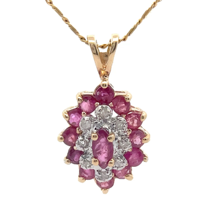 lot 78D image: Ruby & Diamond Cluster Oval Flower Estate Pendant in Yellow Gold