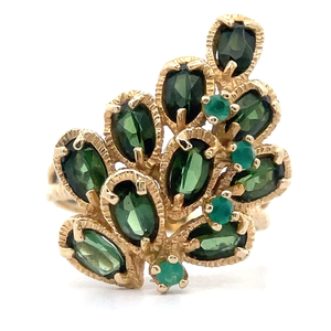 lot 79D image: Green Tourmaline & Emerald Cluster Leaf Estate Ring in Yellow Gold