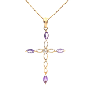 lot 82D image: Diamond & Amethyst Marquise Filigree Cross Estate Pendant in 14k Yellow Gold