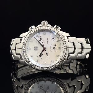 lot 16A image: Tag Heuer Womens Link Chronograph Mother of Pearl Diamond Watch Model CJF1314 $3,850 Pre-Owned Retail VIDEO