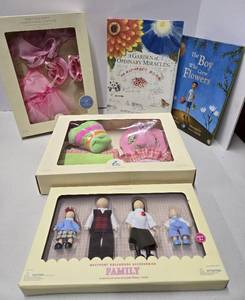 lot 251 image: Brand New Pottery Barn Doll Items Westport Doll Family & Books