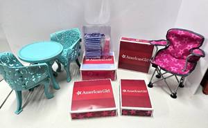 lot 267 image: Lot of Brand New & Like-New AMERICAN GIRL Outfits Accessories & Heavy Metal Patio Table & Chairs
