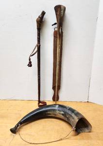 lot 166 image: Old Vintage Carved Horn wConcealed Blade Horse Whips 