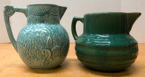 lot 299 image: 2 Signed Vintage Green Art Pottery Pitchers