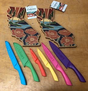 lot 303 image: Brand New Colorful Cuisinart Kitchen Knives & 2 Brand New California Bamboo Cutting Boards 