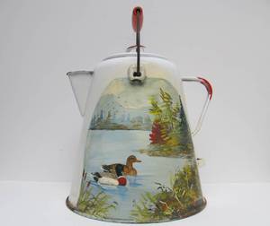lot 323 image: Vintage Hand Painted Duck Scene On Large Enamelware Tea Pot Kettle Signed