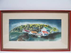 lot 329 image: Vintage Costal Village Scene Watercolor Art Signed 25
