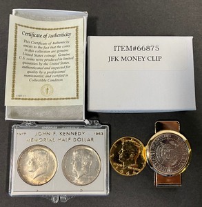 lot 2 image: JFK Money Clip and Three 1964 Kennedy Half-Dollars