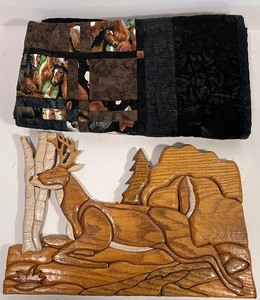 lot 14 image: Two Piece LOT - Wooden Deer Decor, Horse Themed Quilt