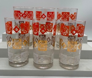 lot 72 image: Six Vintage Mid Century Drinking Glases Tumblers Gold and Orange
