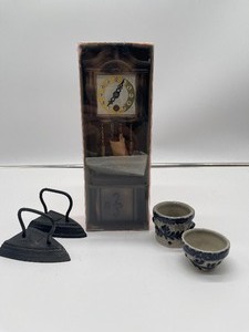 lot 74 image: Vintage LOT of Miniatures - German Tabletop Grandfather Clock New Old Stock, Sad Irons and Crock Bowls