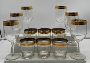 lot 76 image: LOT Of Twelve Gold and TealAqua Blue Bar Glasses - Lowball and Wine Glasses