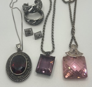 lot 99 image: Marcasite Pendant Jewelry Sterling and CZ Necklace, Earrings Jewelry Lot 5 PC