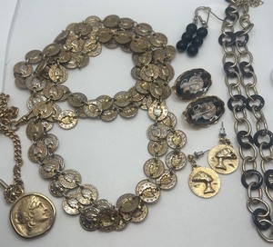 lot 132 image: Vintage Gold Tone Coin Long 26.5 Necklace, Coin Watch Fob, Nefertiti Earrings Queen of the Nile Earrings