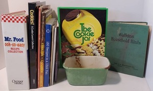 lot 106 image: Vintage Kitchen LOT - Green Enamel Dish wCook Books - Watkins and Household Hints